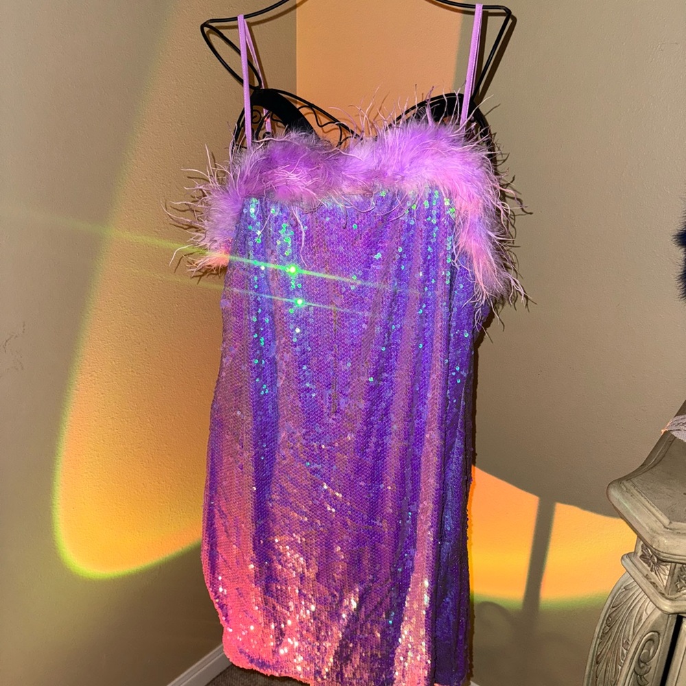 Purple Sequin Dress with Feather Trim